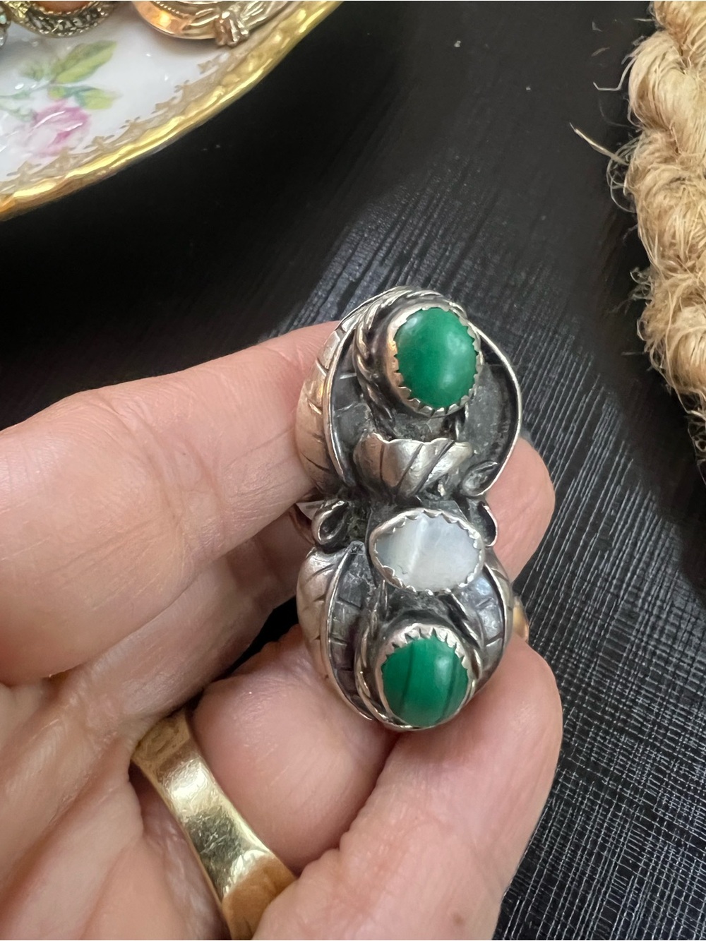 Vintage Navajo Sterling Silver Malachite and White Gemstone Statement Ring